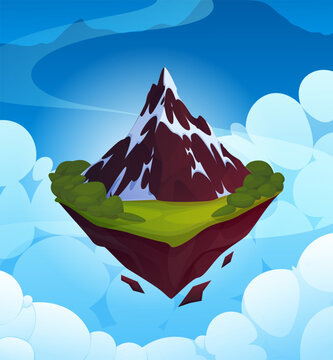 Floating game island. Snow capped mountain rising above grassy terrain and bushes, rocky land, blue sky with clouds, fantasy map environment for adventure exploration. Vector cartoon flat background
