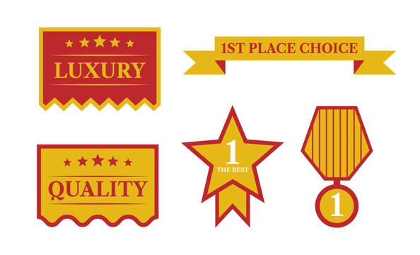 Award badges. Red labels with gold details, first place ribbon, star rosette and winner medal, ranking symbols, achievement sign, luxury recognition or excellence vector flat isolated illustration set