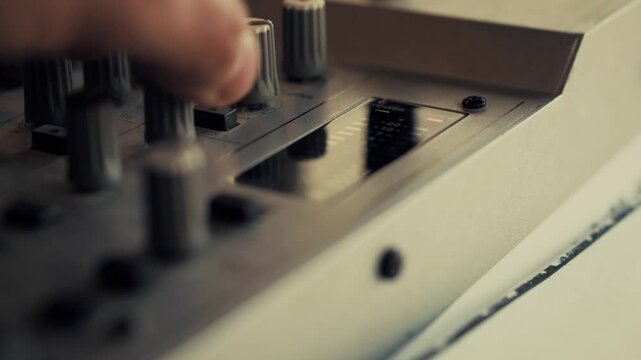 Sound Engineer Adjusting Knobs On Audio Mixer Console During Music Production Session