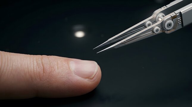 Microtechnology, robotic arm and human finger for medical research, precision engineering and bioengineering. Science, nanotechnology and electronic surgery with microchip and futuristic tools.