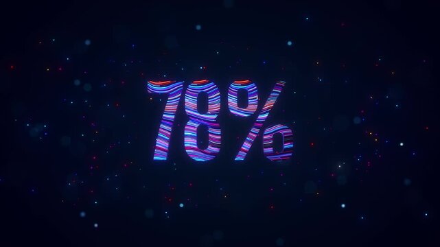 3D animation of futuristic 78 percent typography featuring rotating colorful blue and purple flowing lines, glowing particles, luminous bokeh, and vibrant digital energy against dark background.