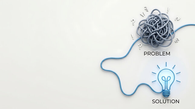 Conceptual 3D illustration of problem solving showing a tangled mess of blue wire labeled problem leading to a glowing light bulb icon labeled solution on a clean white background with copy space.