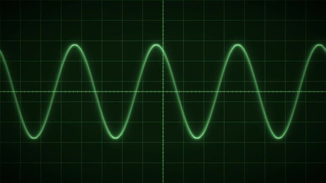 Constant sine wave moving across green oscilloscope display, analog signal seamless loop background