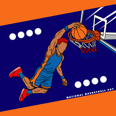 Basketball Player Slam Dunk Vector Graphic. Action vector illustration of a basketball player performing a slam dunk, ideal for sports promotions and National Basketball Day on November 6th. © Robert Yap