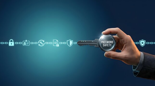 Cybersecurity, password safety and data protection with hand, key and digital icons. Online privacy, internet security and network encryption for business, it professional and account login access in