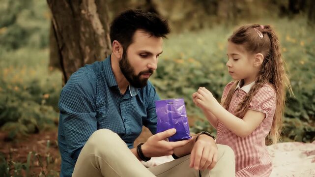 Parent Offering Snack To Child While Sitting Together In Park During Summer Picnic