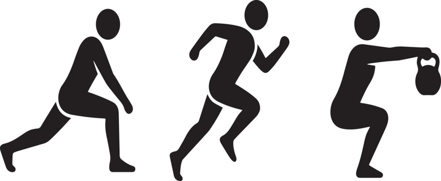 Human silhouettes performing lunges running and kettlebell exercises in a black vector style