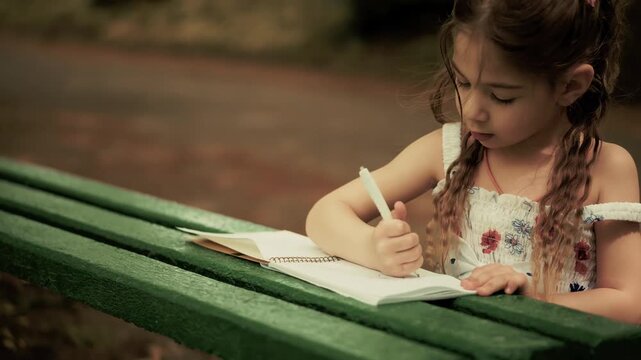Child Writing In Notebook With Pen While Sitting On Green Bench Outdoors