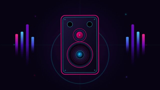 Neon glowing audio speaker illustration with vibrant digital music equalizer bars on dark background.