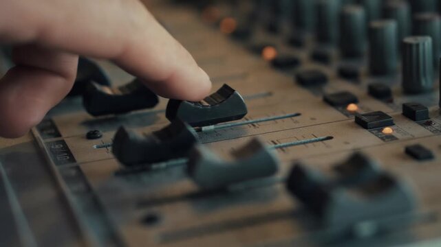 Sound Engineer Adjusting Fader Knobs On Audio Mixing Console During Music Production