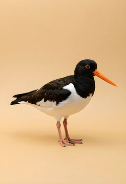 Eurasian oystercatcher, wildlife conservation and biodiversity concept, standing shorebird with orange beak and black and white plumage on beige background