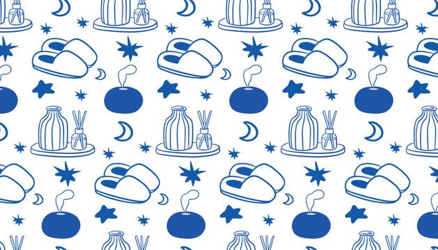 Rest day seamless pattern with slippers candles and aromatherapy blue doodle illustration