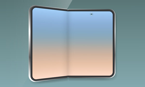 Half open foldable smartphone mockup vector with gradient screen and camera cutout