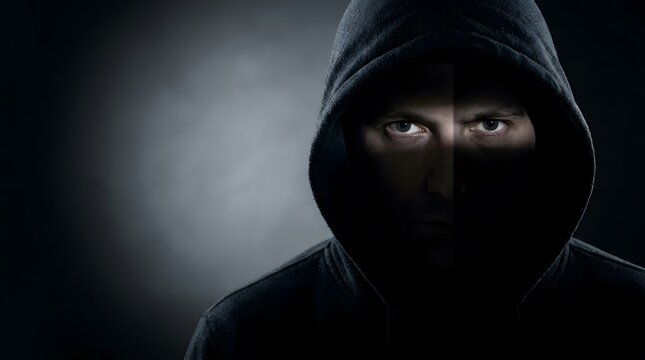 Hacker, mysterious man and hoodie in dark room for cybercrime, internet security and anonymous identity. Criminal, shadow and fear with secrecy, online danger and digital threat for marketing