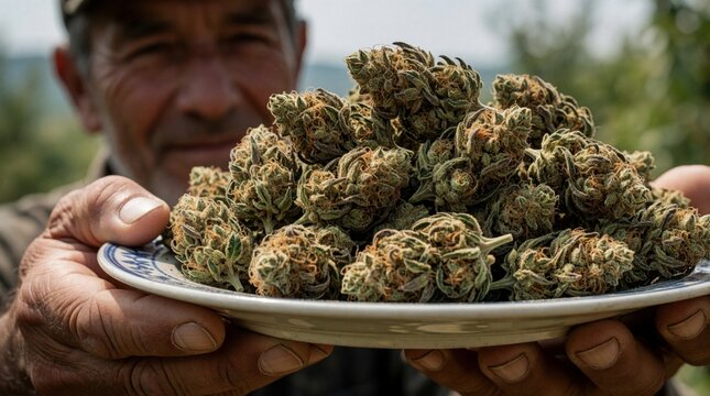 Close up of male hands holding ceramic plate filled with dried cannabis buds. Farmer presents large organic marijuana harvest in outdoor field. Green hemp flower with resinous trichomes ready for