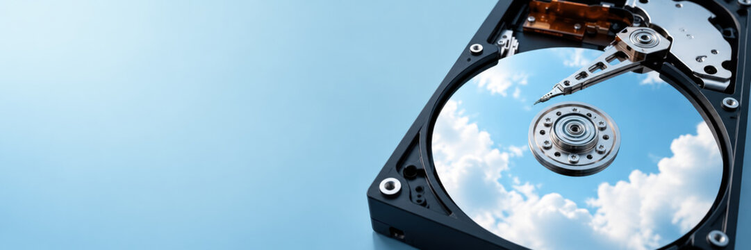 An open hard disk drive reflects a bright blue sky with white clouds in its mirrored platter, combining computer hardware and cloud storage concepts.
