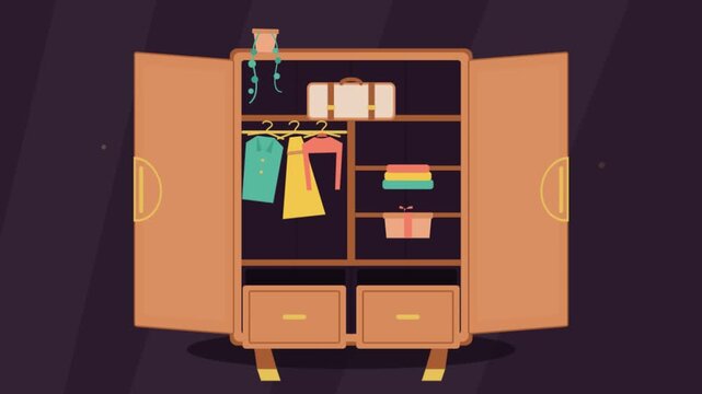 Flat illustration of an open wooden wardrobe with clothes and accessories inside.
