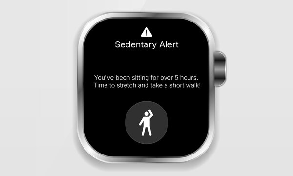 Smartwatch sedentary alert notification UI mockup with stretching health icon