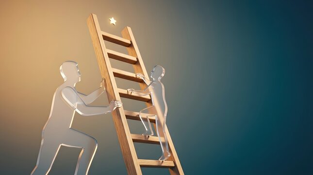 Business, career growth and ladder with people for success, corporate mentorship and professional goal. Teamwork, support and climb to star with motivation, progress, ambition and reaching high.
