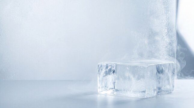Sculpted Solid Ice Block Platform with Subtle Cold Vapor for Cryo-soothing Skincare