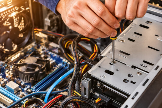 Adult man uses a screwdriver to secure hardware inside an open desktop computer case. Close-up shows cables, cooling fan, motherboard, and drive bay.