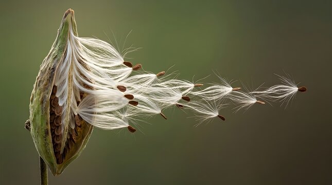 Milkweed seed pod and dispersing seeds in wind for nature, ecology and growth concept. Plant, spring and garden with environmental detail, botanical life, wild meadow and blooming for cycle of life