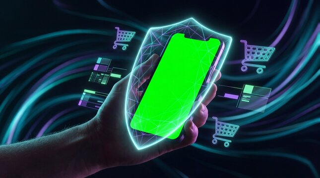 e-commerce security, a mobile phone encased in a transparent shield surrounded by abstract carts