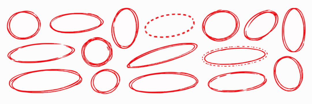 Hand drawn red oval shapes arranged on a white background
