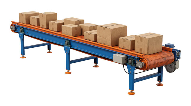 Industrial conveyor belt with cardboard boxes moving along on transparent background for logistics and shipping concepts.