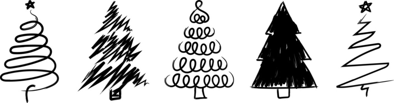 Christmas tree hand drawn vector icon set with scribbled doodle and linear pine trees isolated on white background