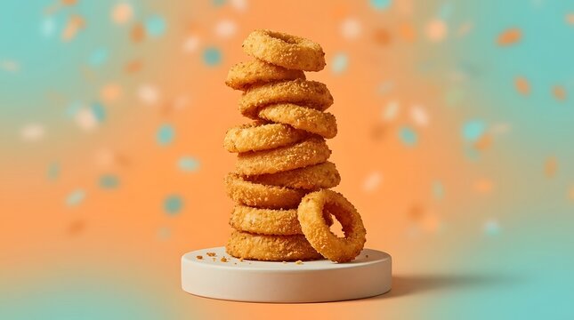 Onion rings, food and snack on podium for restaurant menu, fast food advertising and tasty appetizer. Deep fried, golden and crispy breaded rings with gourmet style for dining, cafe and cuisine