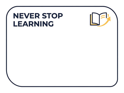 Never stop learning text with open book icon and arrow, isolated on white background