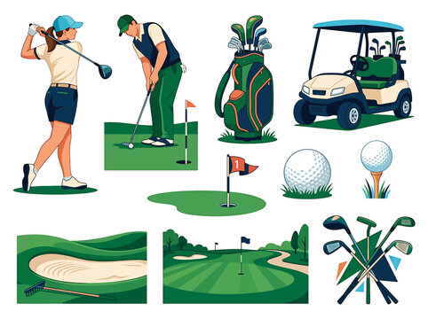 Golfers practicing swing on green with clubs cart and golf course