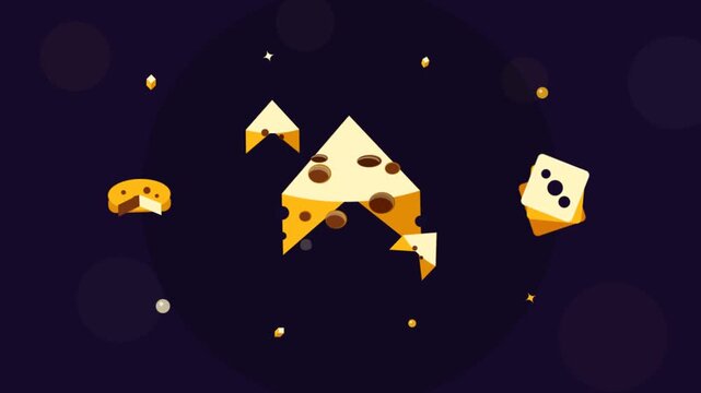 Abstract flat vector illustration of various cheese pieces floating on dark blue background.