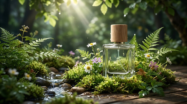 Glass perfume bottle in a sunny forest with fresh flowers