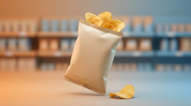 Potato chips bag, mockup and snack packaging in grocery store with blurred aisle. Floating food container, salty treat and branding template for advertising, marketing and retail product design