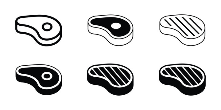 Meat Symbols featuring beef steak, raw meat pictograms, BBQ grilling signs, cooked steak, butcher products, food ingredients, and culinary preparation vector