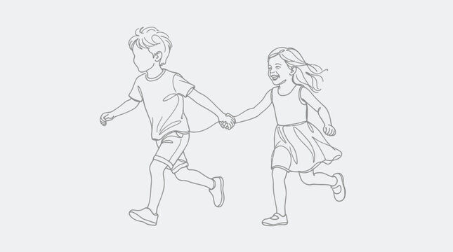 Line art vector illustration of a happy boy and girl running together, holding hands