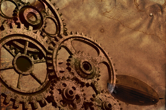 Vintage Brass Gears and Cogwheels on Aged Sepia Paper Background &ndash; Steampunk Mechanism Illustration