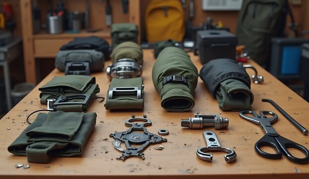 Modular outdoor equipment components arranged for repair, replacement and extended product life in a professional sustainable workshop