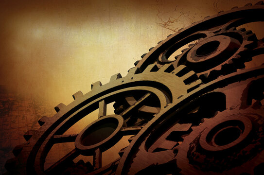 Vintage Brass Gears and Cogwheels on Aged Sepia Paper Background &ndash; Steampunk Mechanism Illustration