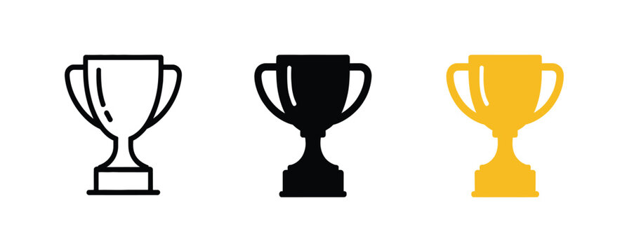 Trophy cup icon set in outline solid and gold styles for victory award concept.