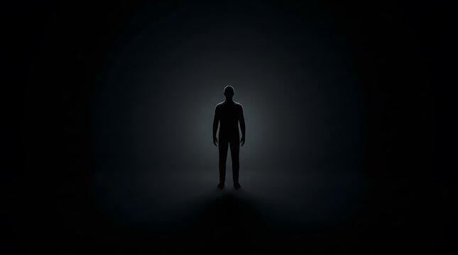 Silhouette, man and light in dark background for mystery, hope and spiritual concept. Male, figure and shadow with backlight, glow and cinematic atmosphere for marketing, advertising and creative.