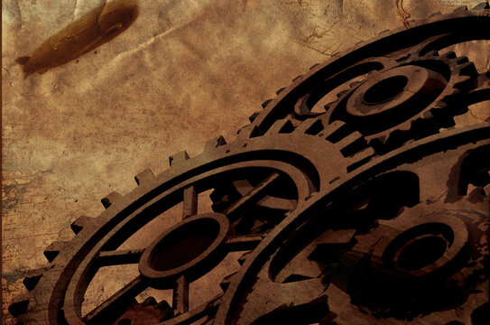 Vintage Brass Gears and Cogwheels on Aged Sepia Paper Background &ndash; Steampunk Mechanism Illustration