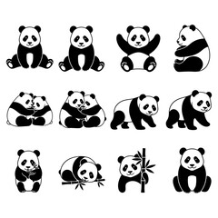 Fototapeta premium Set of cute panda bear icons in various poses sitting and walking in black and white style
