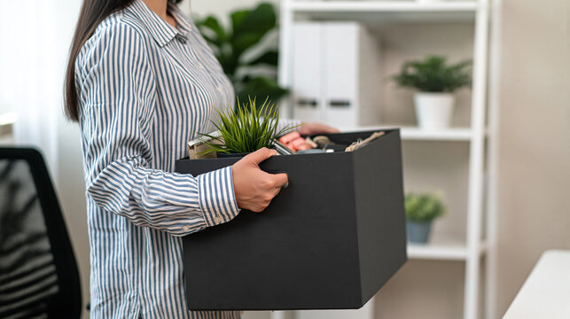 Laid off employee leaving office with belongings in a box