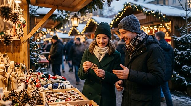 Happy young couple shopping for traditional handmade decorations at a festive outdoor european christmas market