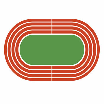 Overhead view of red athletic running track field.