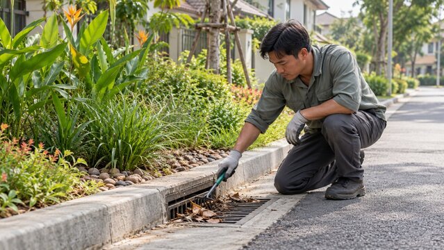 Groundskeeper clearing leaves from a roadside storm drain