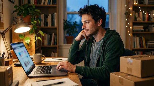 Young man working from home on a laptop in a cozy home office with cardboard boxes